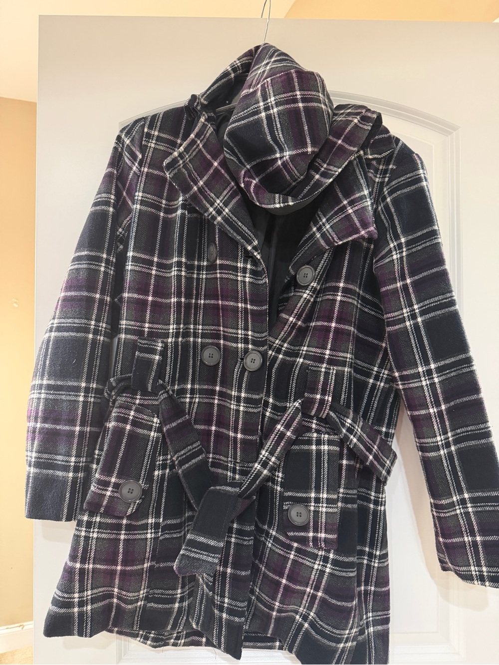 Metaphor Black and Purple Plaid Hooded Pea Coat